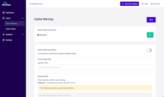 Cache warmup page with details and a status shown. 