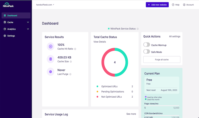 Dashboard page within the NitroPack interface. 