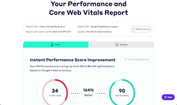 NitroPack core vitals report page with score improvement. 