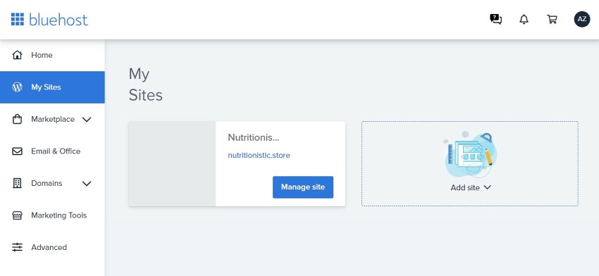 Bluehost WordPress hosting admin panel