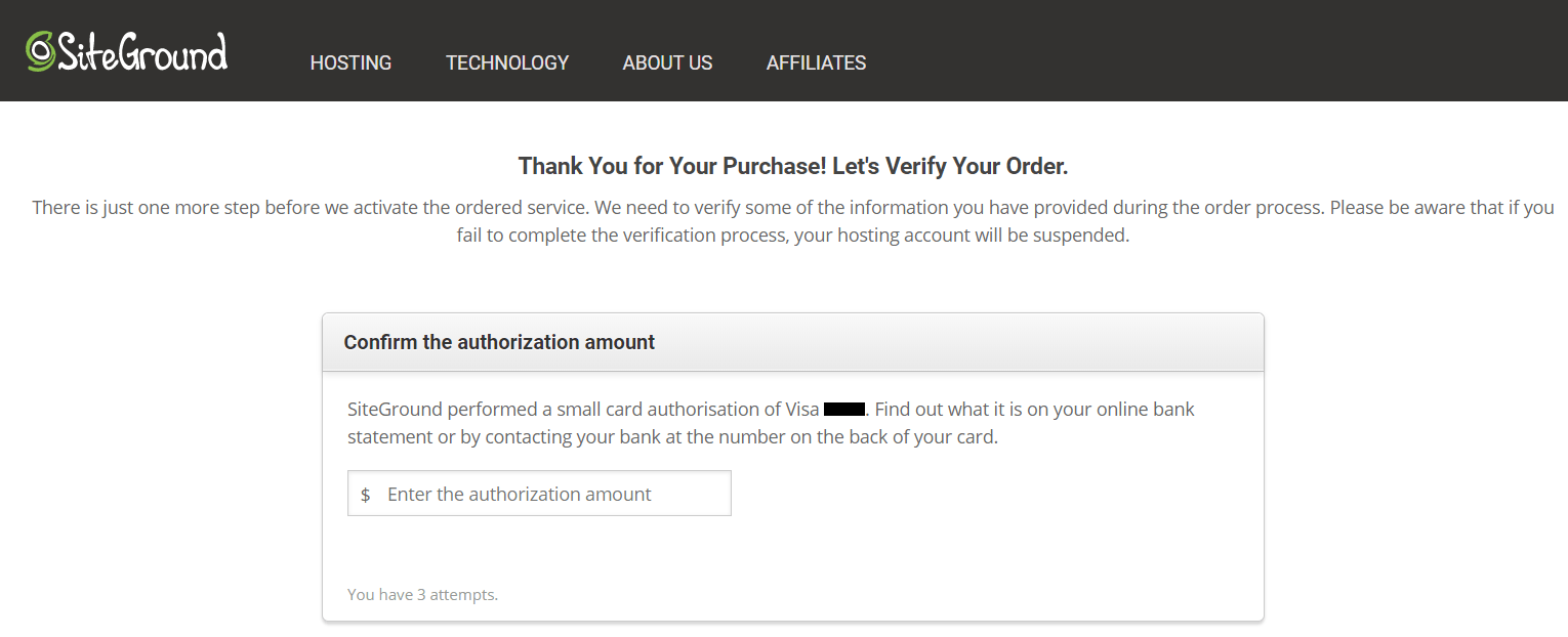 SiteGround's sign-up process - additional verification