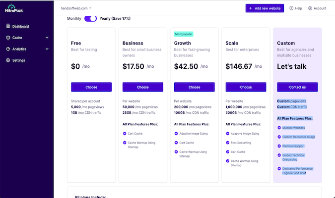 Five tiers of pricing for NitroPack including a free version all the way up to a custom version. 