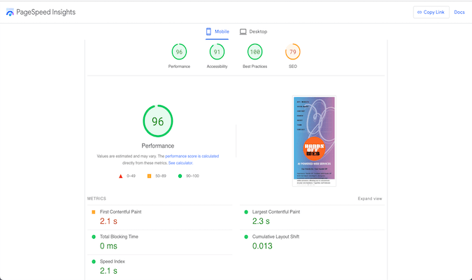 NitroPack speed insights page with a 96 performance score shown. 