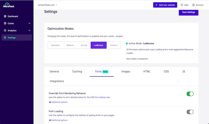 Settings page within NitroPack interface. 