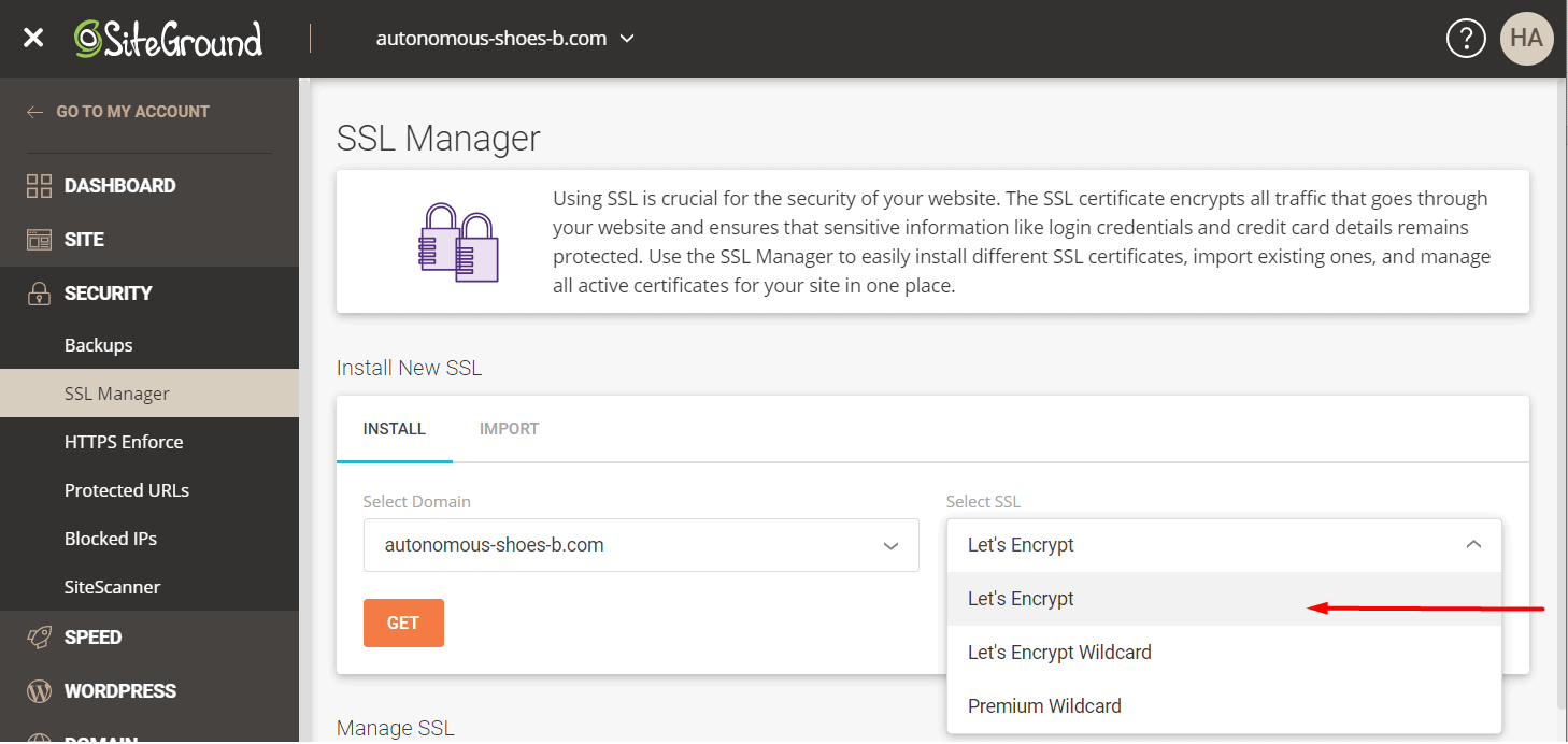 SiteGround's SSL Manager